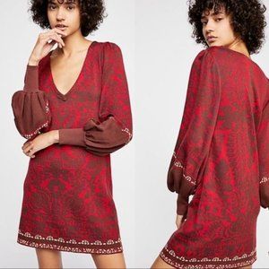 Free People Music and Lyrics Long Sleeve Printed Sweater Dress in Red Size XS